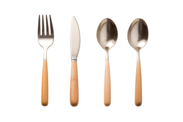 A Classic Setting of Silverware With Wooden Handles for a Formal Dinner on a Clear PNG or White Background.