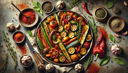 Paprika-Spiced Roasted Vegetables: A platter of roasted vegetables seasoned with paprika, garlic, and thyme, with bowls of smoked paprika and fresh herbs.