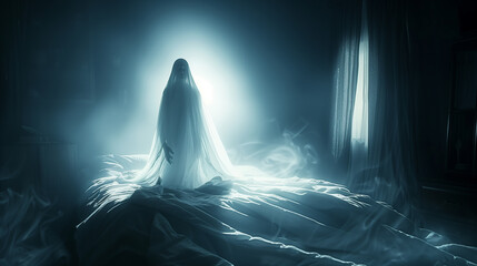 A ghostly figure standing at the feet of the bed, glowing background, eerie bedroom vibe.