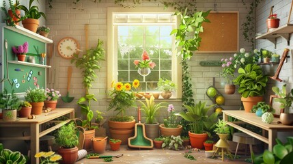 Naklejka premium Create a background featuring a garden-like classroom with plants, flowers, and educational gardening tools, aiming to motivate learning through interaction with nature.