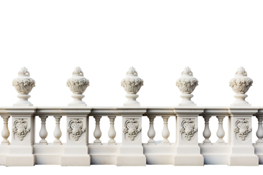 Ornate Stone Balustrade With Delicate Floral Designs on a Sunny Day on a Clear PNG or White Background.