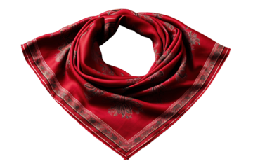A Crimson Silk Scarf With Intricate Floral Designs on a Clear PNG or White Background.