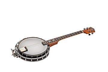 A Silver-Plated Five-String Banjo Ready to Play a Country Tune on a Clear PNG or White Background.