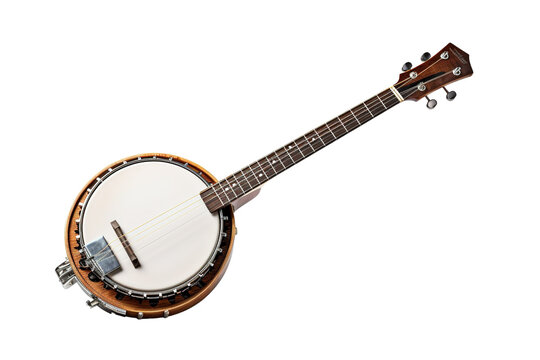 A Timeless Melody: A Traditional Wooden Banjo Ready To Play on a Clear PNG or White Background.