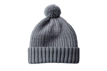 A Soft, Gray Knit Beanie With a Fluffy Pom Pom for Cozy Winter Days on a Clear PNG or White Background.