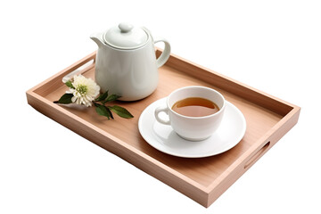 A Tranquil Tea Time on a Sunny Afternoon With a Wooden Tray on a Clear PNG or White Background.