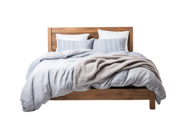 A Serene Retreat: A Wooden Bed Dressed in Soft Blue Linen on a Clear PNG or White Background.
