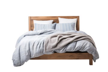 A Serene Retreat: A Wooden Bed Dressed in Soft Blue Linen on a Clear PNG or White Background.