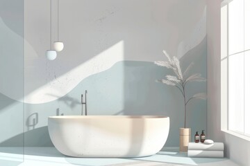 Fototapeta premium Bathroom interior in loft style with a white bathtub and gray walls.