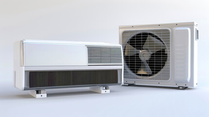 A modern air conditioning system with a white outdoor compressor unit and a white indoor evaporator unit, both sitting on a white background
