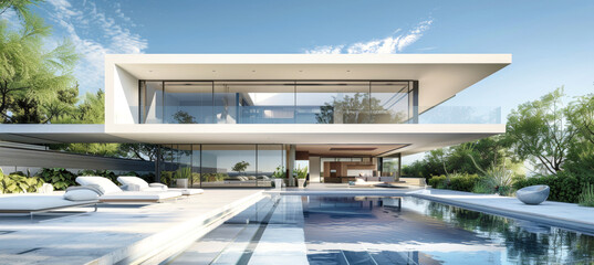 A sleek, modern villa with expansive glass windows and floor-to-ceiling glazing overlooks a sparkling swimming pool surrounded by lush greenery