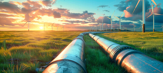 Two large pipelines stretch across a grassy field as the sun sets behind rows of wind turbines