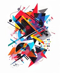 Abstract composition of colorful geometric shapes and splatters