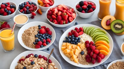 Healthy Breakfast Spread: A colorful and nutritious breakfast spread including fruits, smoothies, and whole grains.