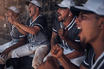 Baseball, success and bench with team for support, happy and watch in shade with motivation or smile. Dugout, excited and cheer for competition with people or sports together for club match score