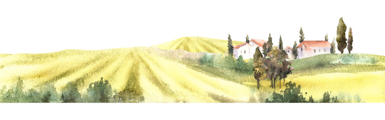 Landscape with field, villa, farmhouse, bushes, fruit trees, cypresses. Watercolor Italian, France summer, fall Hills, and valleys, natural rustic scene. Hand draw illustration on isolated background © Bartol_art