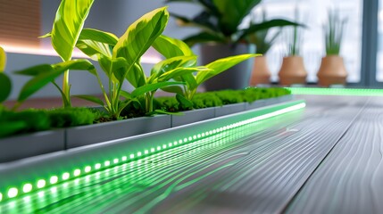Eco-Friendly Interior Design: Sustainable Room with LED Lights, Bamboo Flooring, and Indoor Plants Improving Air Quality