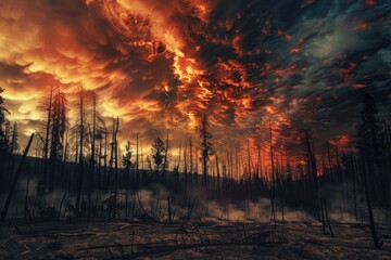 Aerial perspective on forest fires from afar, capturing the enormity of the disaster with billowing smoke and flames