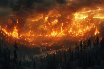 Aerial perspective on forest fires from afar, capturing the enormity of the disaster with billowing smoke and flames