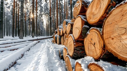 Large stack of cut timber logs in a snowy forest, creating a contrast between industry and nature