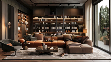 A series of stylish living room interiors featuring modern furniture, contemporary decor, and various lighting setups. The rooms showcase different design themes, including neutral tones, wood accents