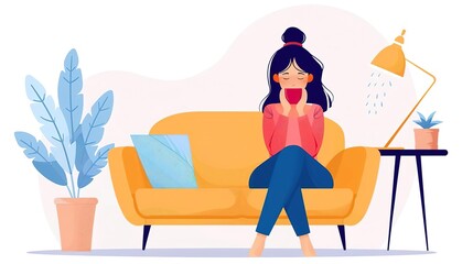 Obraz premium Woman relaxing on a couch with a cup of coffee, enjoying a cozy moment at home.