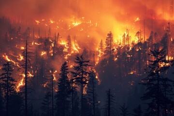 Obraz premium Distant view of sweeping wildfires in the forest, a panoramic spectacle of nature's destructive power, Photo --ar 3:2 --stylize 50 Job ID: 6856bfc5-f731-4dd8-8e41-b18b563529e5