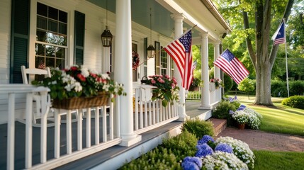 Patriotic decorations on a house, with flags and banners for Independence Day