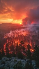 From a far vantage point, a forest is consumed by distant wildfires, with plumes of smoke rising on the horizon, Photo --ar 9:16 --stylize 750 Job ID: 5b76fde5-0fdb-4a2b-b886-715b8f502df5