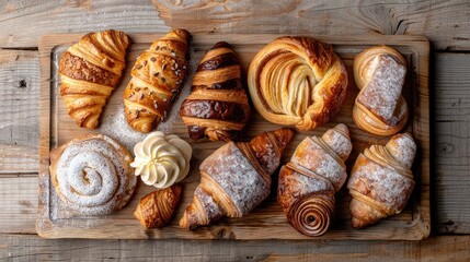 rustic wooden board adorned assortment of French pastries and croissants