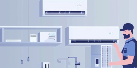 Professional HVAC Technician Performing Intricate Air Conditioner Maintenance. Skilled Worker Repairing Indoor Unit, Demonstrating Expertise in Summer Heat. High-Altitude Labor Showcasing Dedication o