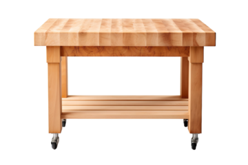 A Sturdy Wooden Kitchen Island With Rolling Wheels and a Spacious Shelf on a Clear PNG or White Background.