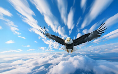 Obraz premium Front view of Bald eagle flying above the clouds and blue sky background