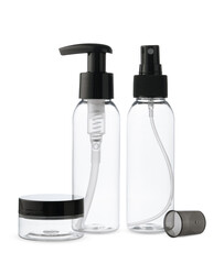 Three Clear Plastic Bottles With Different Dispensers on White Background