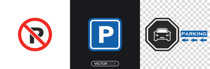 Car parking sign. Road signs, street, Parking space sign. Public parking and parking location symbol, Different style icons set. Vector illustration