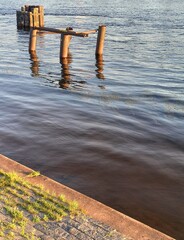 Fototapeta premium old wooden pier on the river in autumn, with green grass and blue sky