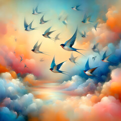 Birds Soaring in a Dreamy, Colorful Sky: Enchanting Nature Art