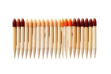 A Row of Colorful Pencils Aligned in Order of Hue, Displaying a Spectrum of Warm Tones on a Clear PNG or White Background.