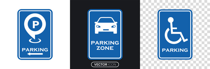 Car parking icon set. Different style Parking and traffic signs isolated on white and transparent background. Parking location. Map parking pointer. Vector 