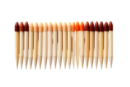 A Row of Colorful Pencils Aligned in Order of Hue, Displaying a Spectrum of Warm Tones on a Clear PNG or White Background.
