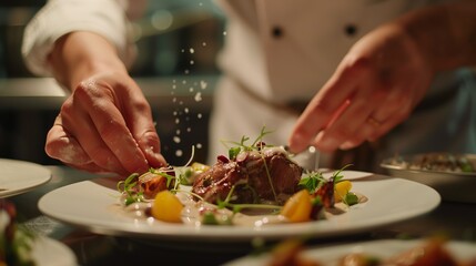 Chef's hands meticulously plating a gourmet dish, showcasing culinary artistry and dedication.