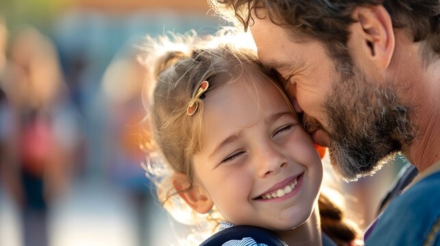 Tender Morning Goodbye - Parent Kissing Child at School Gate Surrounded by Students and Parents in Heartwarming Scene