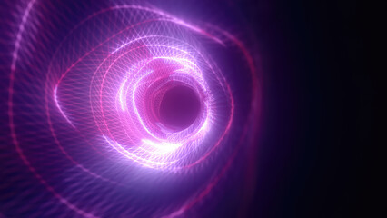 Abstract bright purple glowing background with a tunnel of lines and stripes of energy of burning rays of plasma and electricity with light