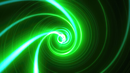 Abstract bright glowing green background tunnel with flying lines of energy particles and light rays