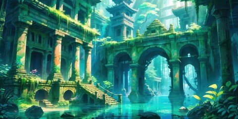 Obraz premium Ancient ruins covered in green moss, surrounded by calm water and lush vegetation. Moss-Covered Ruins. Anime art style