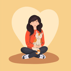 Vector flat illustration of a volunteer girl with a cat. Adoption of homeless animals. Veterinary medicine and assistance