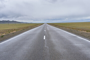 Fototapeta premium Road in the steppes of Mongolia under a cloudy sky.