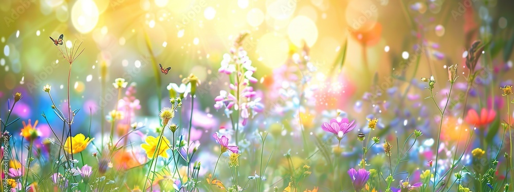 Wall mural Detailed image of colorful flower field with fluttering butterflies and sunlight on blurred background