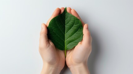 Heart-shaped green leaf protected by hands, representing renewable resources, bright and eco-conscious, realistic photography