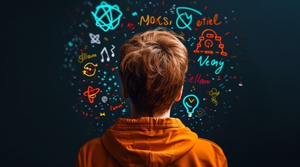 Tutor teaching programming, hand-drawn style, doodle symbols and code snippets, vibrant colors, e-learning theme